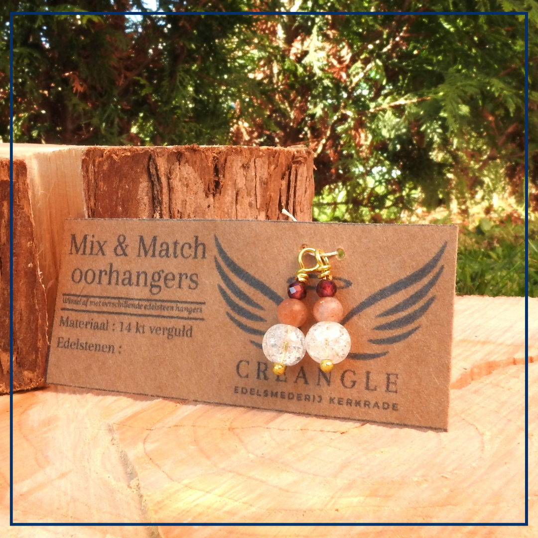 MIX & MATCH - Golden Radiance Hangers - Bergkristal, Zonnesteen, Rode kwarts