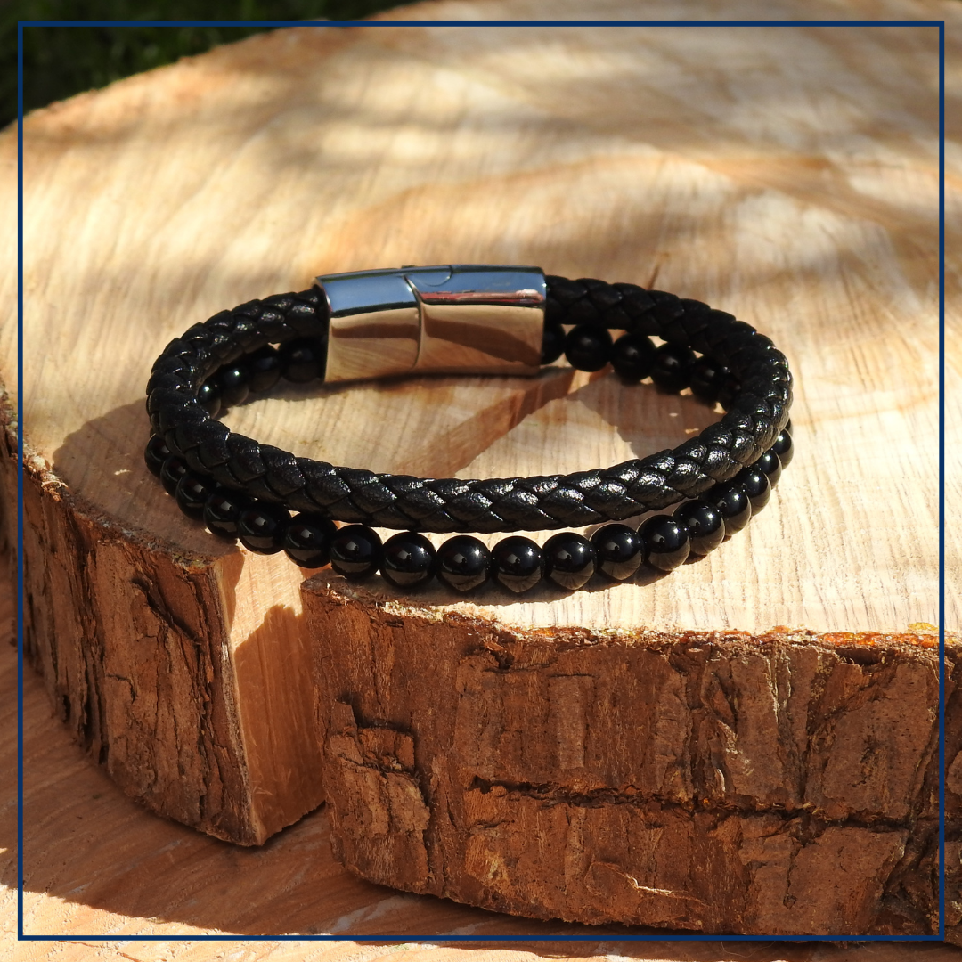Noir - Lederen armband met agaat