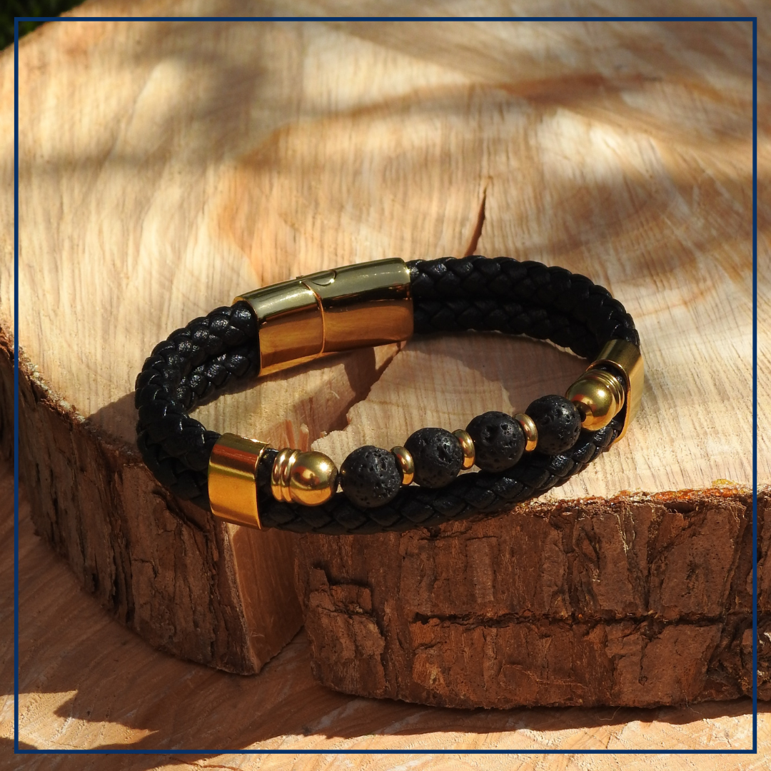 Boaz  - Lederen armband zwart met Lavasteen