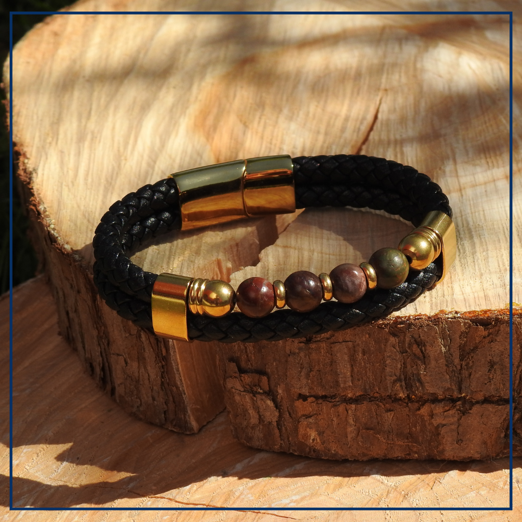 Laurence - Lederen armband met rhodochrosiet