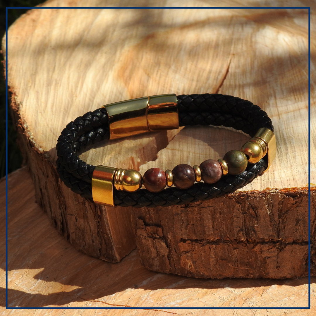 Laurence - Lederen armband met rhodochrosiet