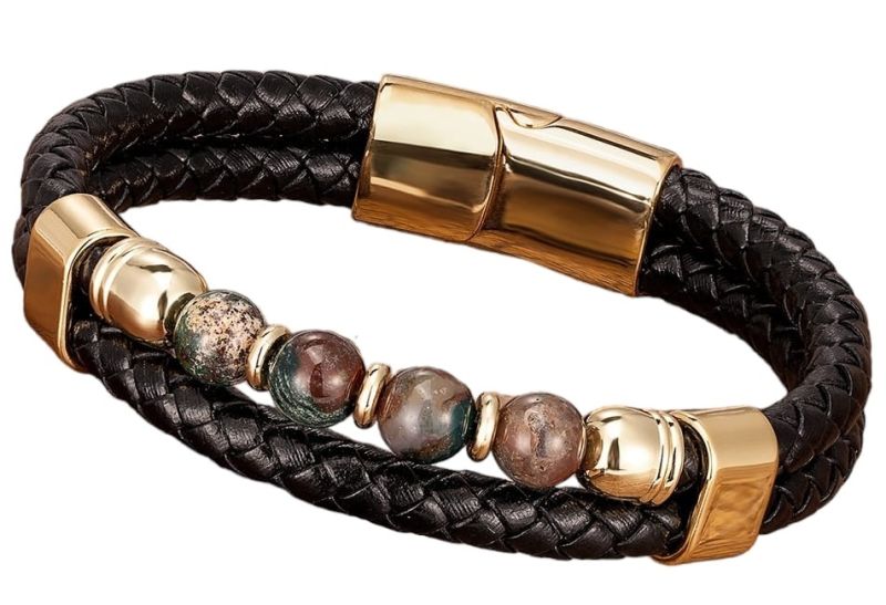 Laurence - Lederen armband met rhodochrosiet
