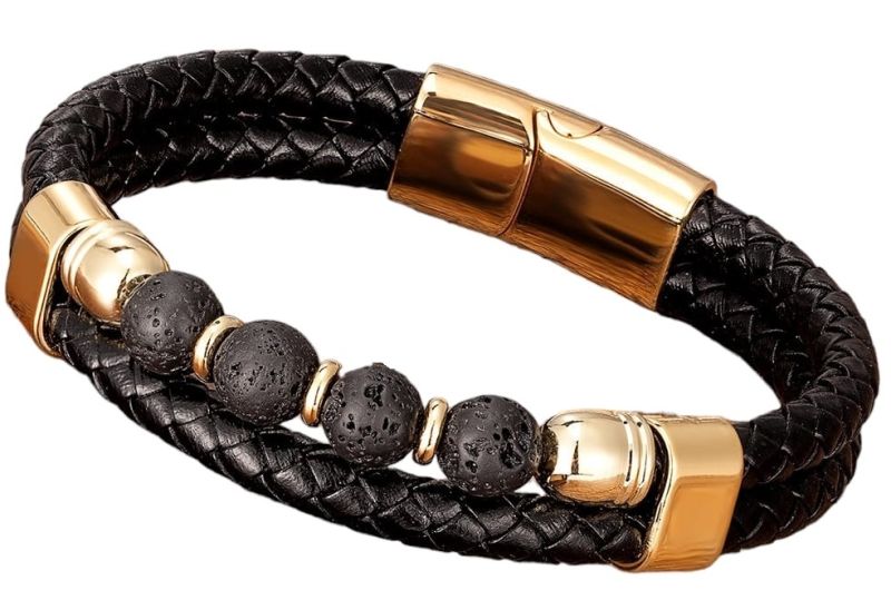 Boaz  - Lederen armband zwart met Lavasteen