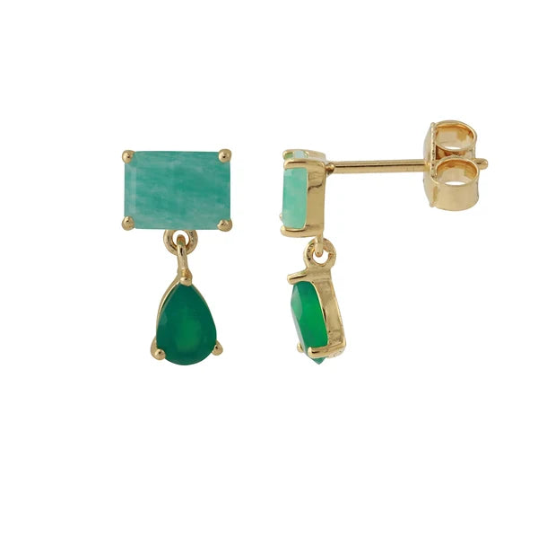 Maris – Amazoniet en groene onyx oorhangers, 18 karaat verguld