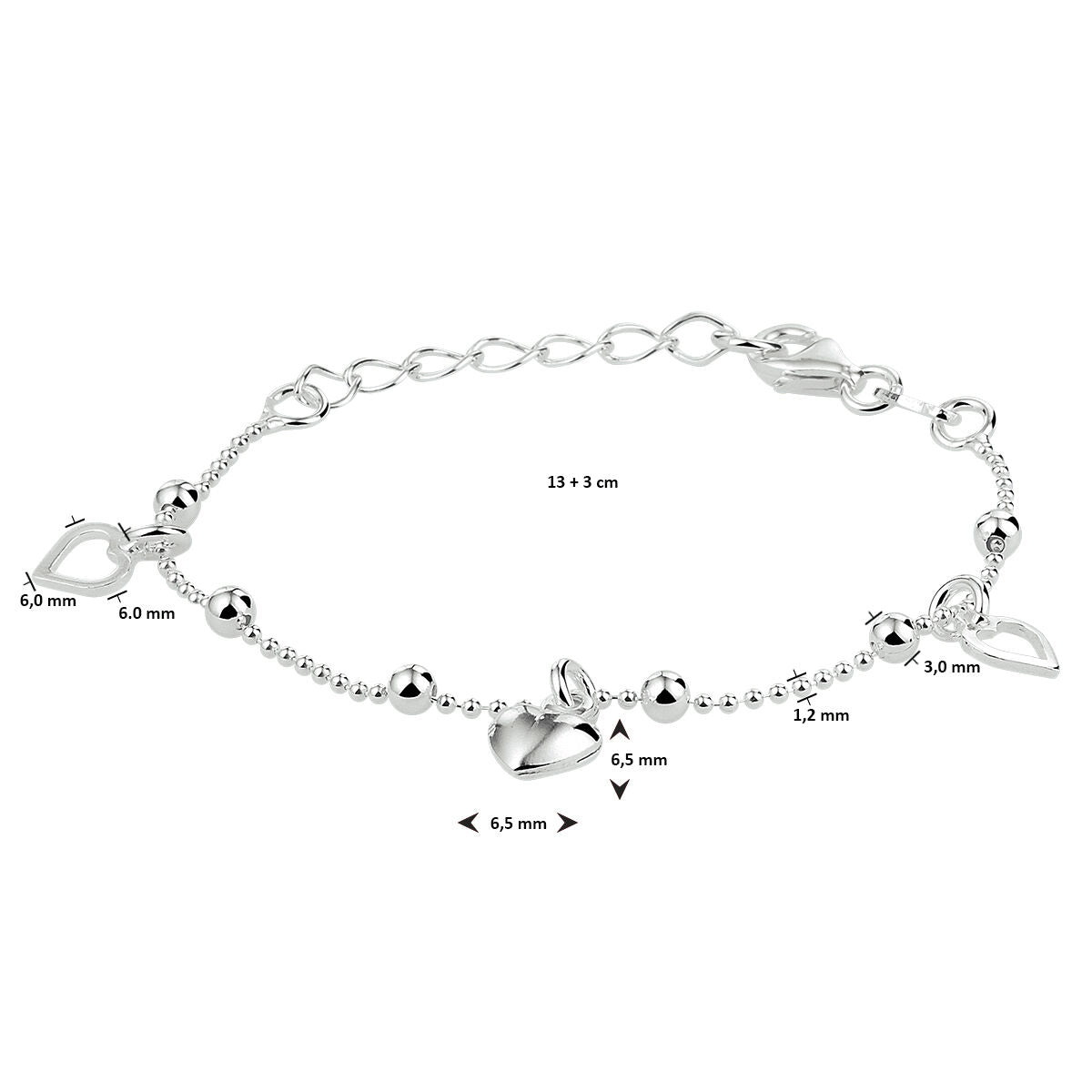 Kinder armband bedels hartjes | 13-16 cm | Zilver